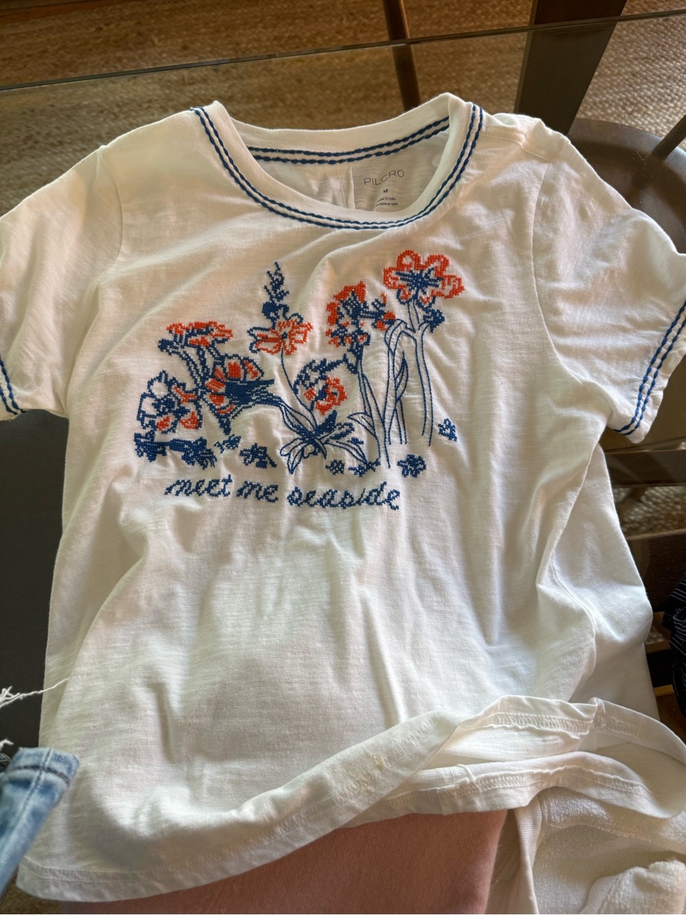 Pilcro White Cotton Bennie Short Sleeve Tee with Blue & Orange Floral Embroidery - Picture 5 of 5